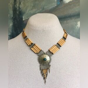 Handmade Peruvian Bamboo Coin Medallion Folk Art Necklace 17”